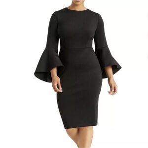 Eloquii Dress Womens 18 Black Scuba Sheath Flare Sleeves Stretch Cocktail Party